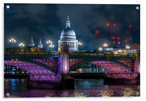 Southwark Bridge and St Paul's Cathedral at Night Acrylic by John Frid