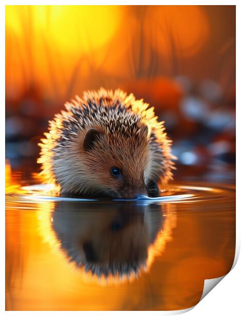  Hedgehog Drinking Print by T2 