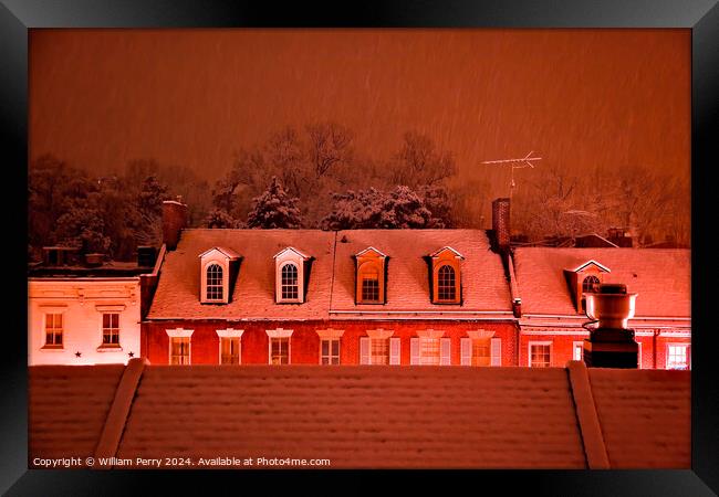 Nightime Snow Georgetown Rooftops in Snowstorm Washington DC  Framed Print by William Perry