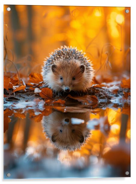  Hedgehog Reflecting in a Woodland Puddle Acrylic by T2 