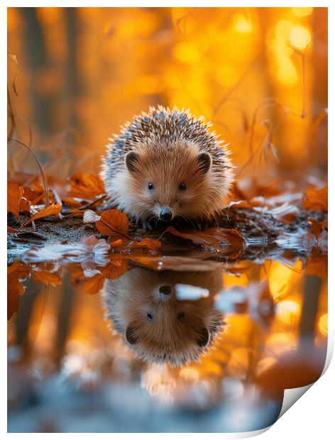  Hedgehog Reflecting in a Woodland Puddle Print by T2 