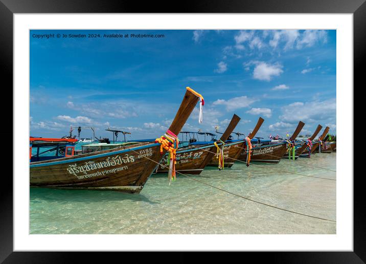 Longtail boats at Bamboo island, Thailand Framed Mounted Print by Jo Sowden