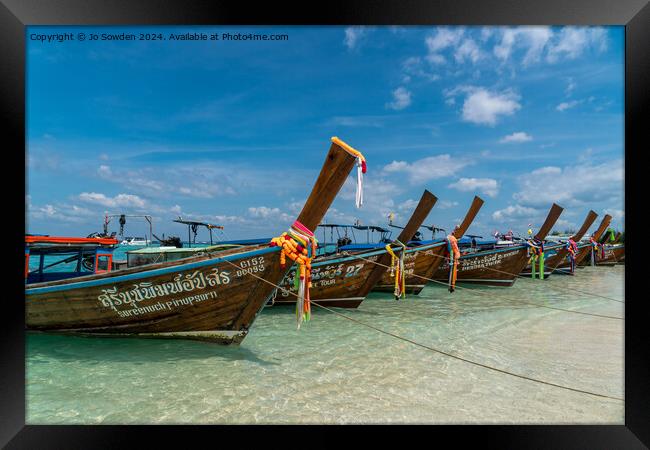 Longtail boats at Bamboo island, Thailand Framed Print by Jo Sowden