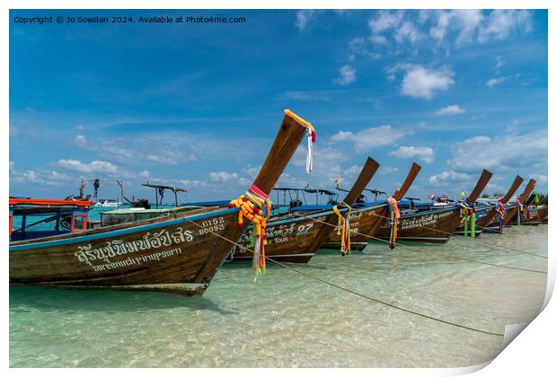 Longtail boats at Bamboo island, Thailand Print by Jo Sowden