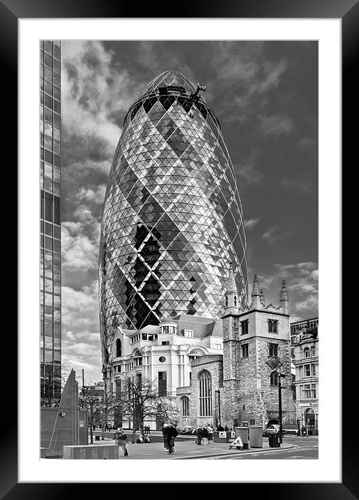 Gherkin and St Andrew's black and white Framed Mounted Print by Gary Eason