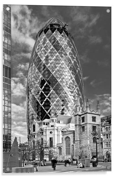 Gherkin and St Andrew's black and white Acrylic by Gary Eason