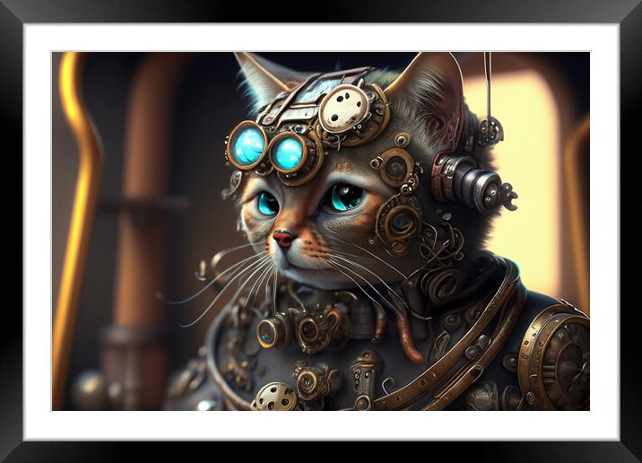 Steampunk Cat Framed Mounted Print by Steve Purnell
