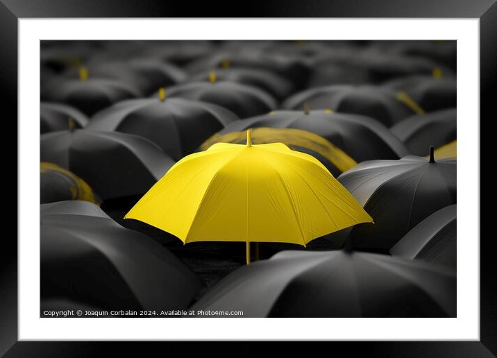 A yellow umbrella stands out from the ordinary crowd. Concept of standing out among many. Framed Mounted Print by Joaquin Corbalan