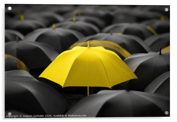 A yellow umbrella stands out from the ordinary crowd. Concept of standing out among many. Acrylic by Joaquin Corbalan