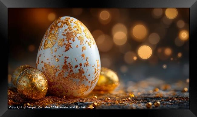 Fancy Easter eggs, decorated with gold paint, in a card embellishment setting, with copy space. Framed Print by Joaquin Corbalan