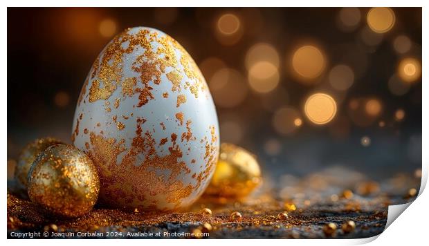 Fancy Easter eggs, decorated with gold paint, in a card embellishment setting, with copy space. Print by Joaquin Corbalan