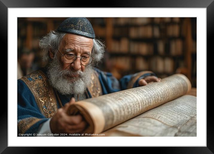 A rabid old man unrolls the torah for study. Framed Mounted Print by Joaquin Corbalan