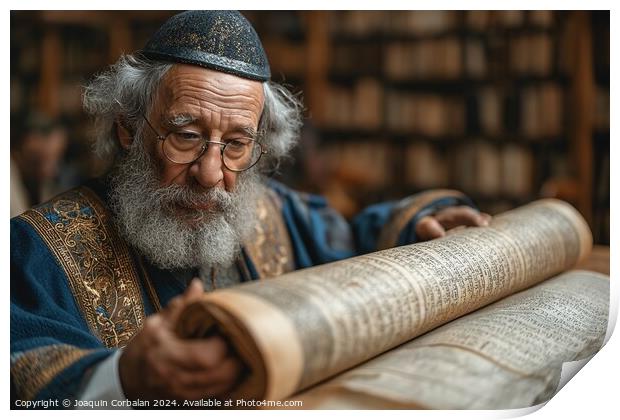 A rabid old man unrolls the torah for study. Print by Joaquin Corbalan