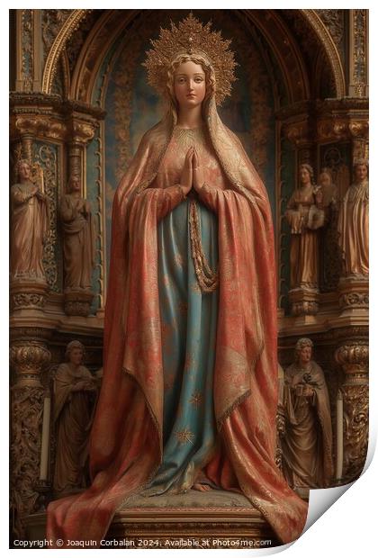 Stature of the Virgin Mary in a prayer pose. Print by Joaquin Corbalan