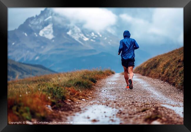 A mountain runner enjoys the trails, a day of rain Framed Print by Joaquin Corbalan