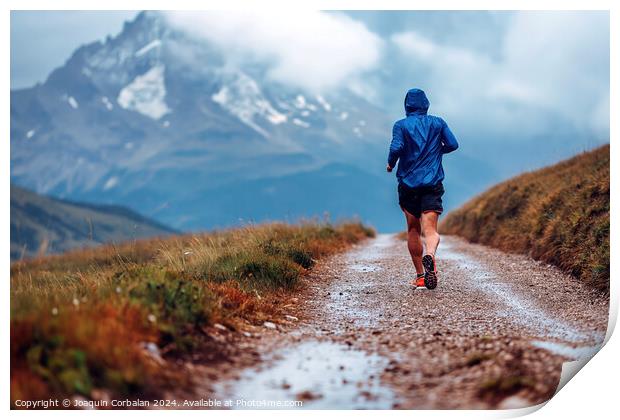 A mountain runner enjoys the trails, a day of rain Print by Joaquin Corbalan