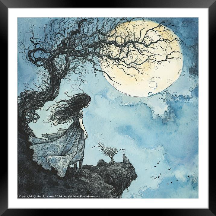The Girl and the Moon Framed Mounted Print by Harold Ninek