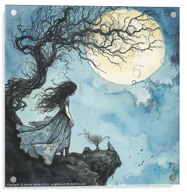The Girl and the Moon Acrylic by Harold Ninek