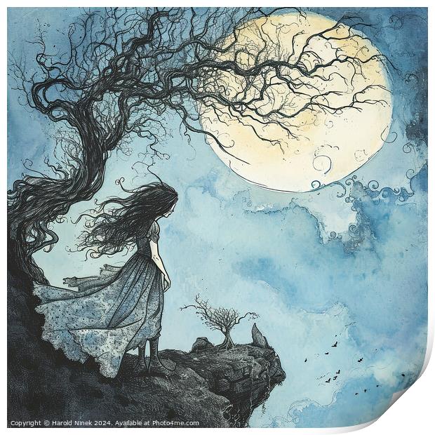 The Girl and the Moon Print by Harold Ninek