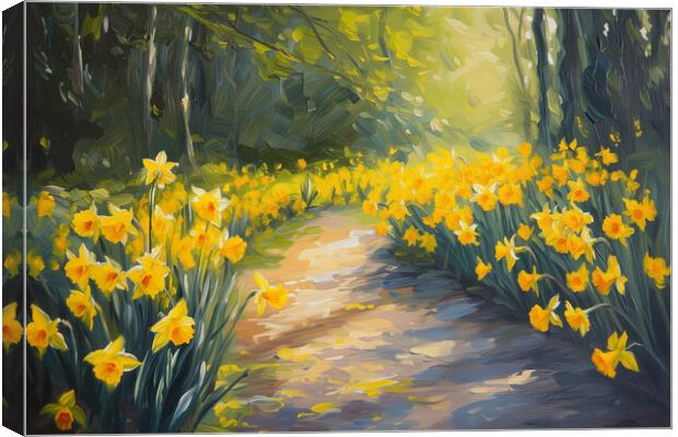 Daffodils Path - Oil Painting Art Canvas Print by T2 