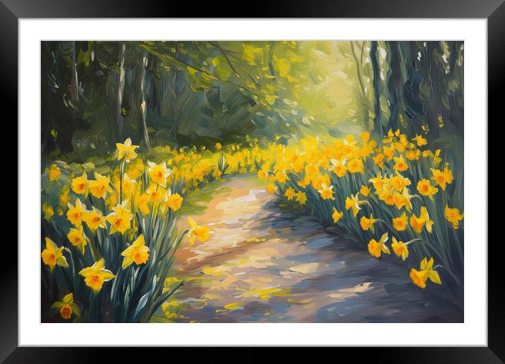 Daffodils Path - Oil Painting Art Framed Mounted Print by T2 
