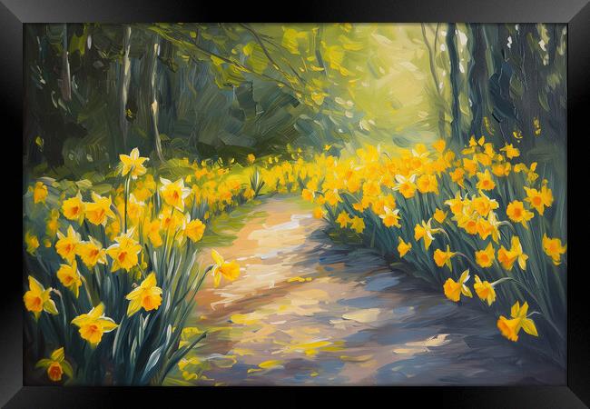 Daffodils Path - Oil Painting Art Framed Print by T2 