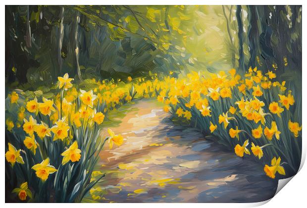 Daffodils Path - Oil Painting Art Print by T2 