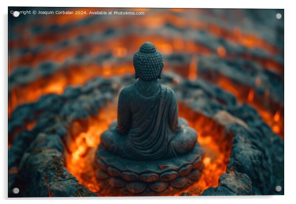 A small stone statue of a meditating Buddha decorates a Zen garden. Acrylic by Joaquin Corbalan