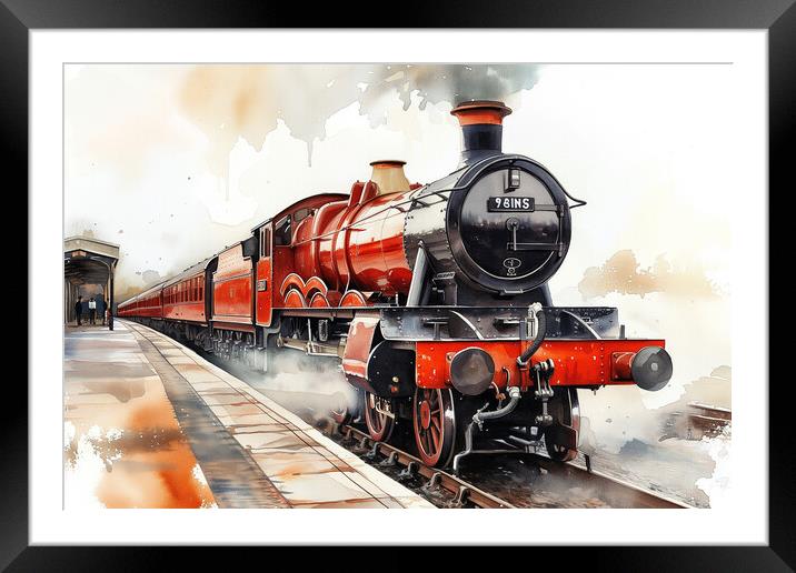 Red Steam Train Watercolour Framed Mounted Print by T2 