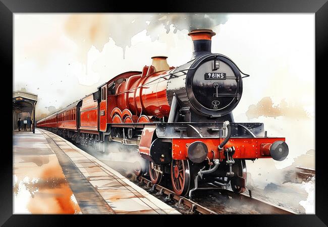 Red Steam Train Watercolour Framed Print by T2 