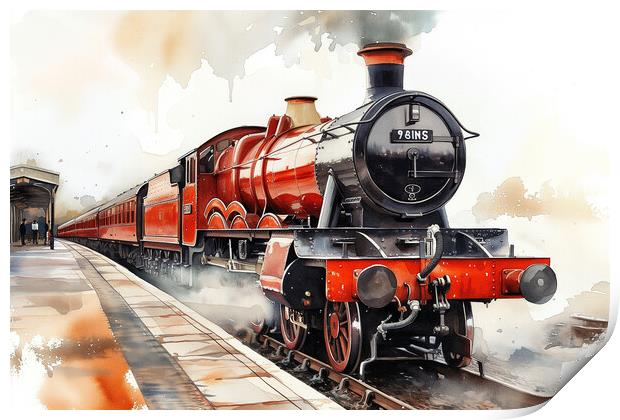 Red Steam Train Watercolour Print by T2 