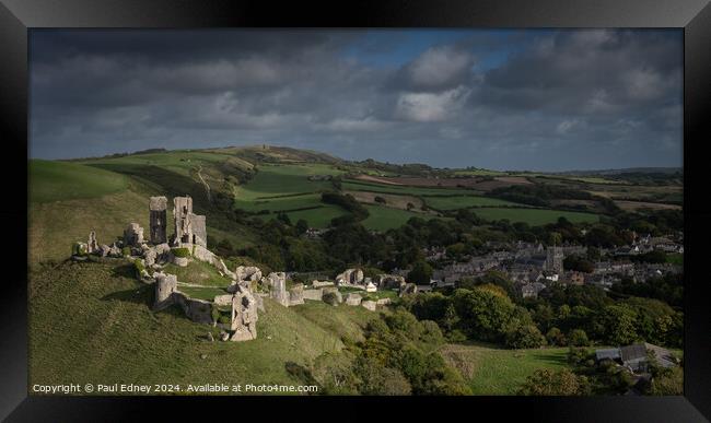 Corfe Castle from West Hill, Dorset, UK Framed Print by Paul Edney