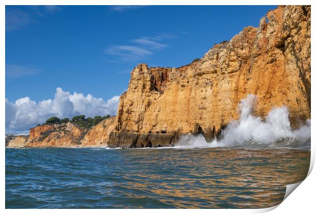 Ocean Waves Crashing Against Cliff In Algarve, Portugal Print by Artur Bogacki