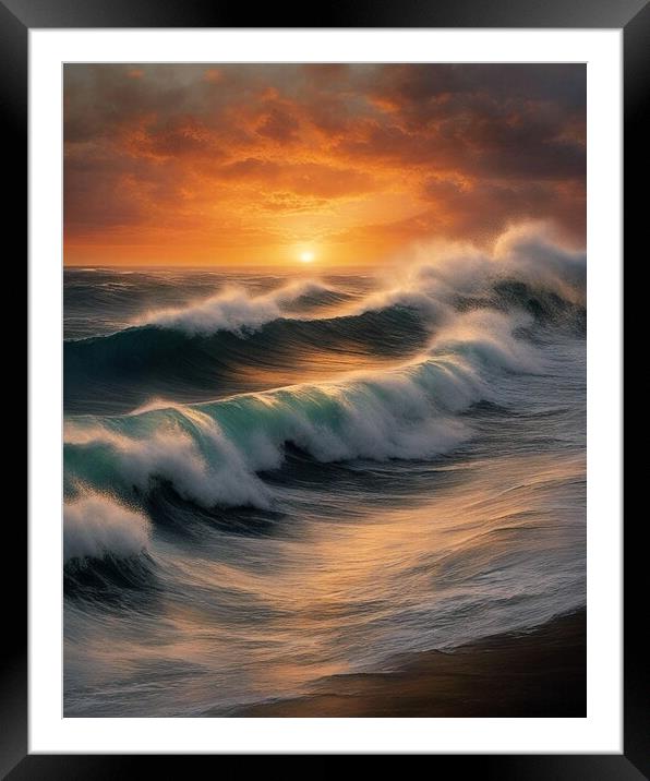 Sunset Over Waves Framed Mounted Print by Anne Macdonald