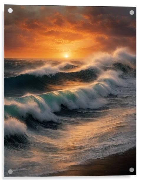 Sunset Over Waves Acrylic by Anne Macdonald