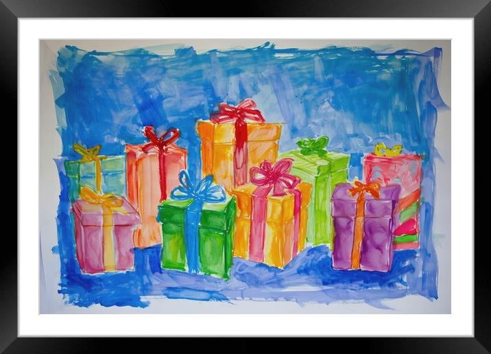 A childs painting of birthday presents. Framed Mounted Print by Michael Piepgras