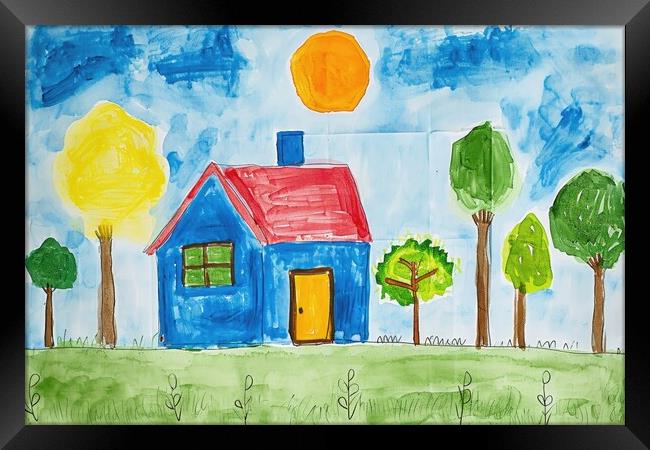 A childs painting of his home house. Framed Print by Michael Piepgras