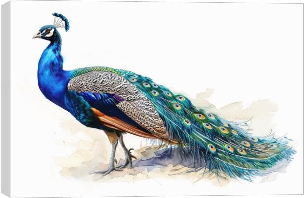 Watercolor of a beautiful peacock on white. Canvas Print by Michael Piepgras