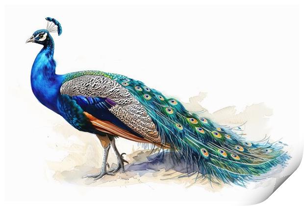 Watercolor of a beautiful peacock on white. Print by Michael Piepgras