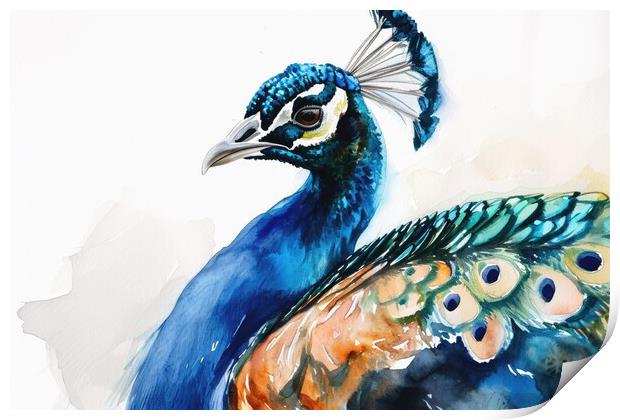 Watercolor of a beautiful peacock on white. Print by Michael Piepgras