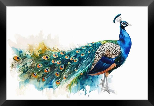 Watercolor of a beautiful peacock on white. Framed Print by Michael Piepgras