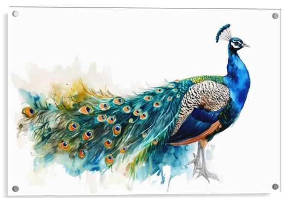 Watercolor of a beautiful peacock on white. Acrylic by Michael Piepgras