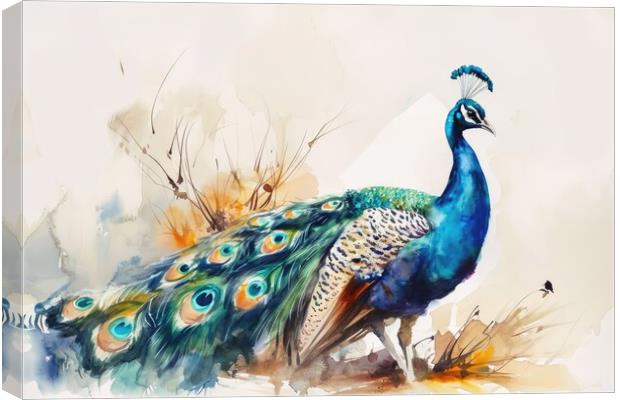 Watercolor of a beautiful peacock on white. Canvas Print by Michael Piepgras