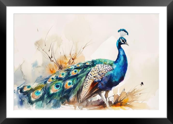 Watercolor of a beautiful peacock on white. Framed Mounted Print by Michael Piepgras