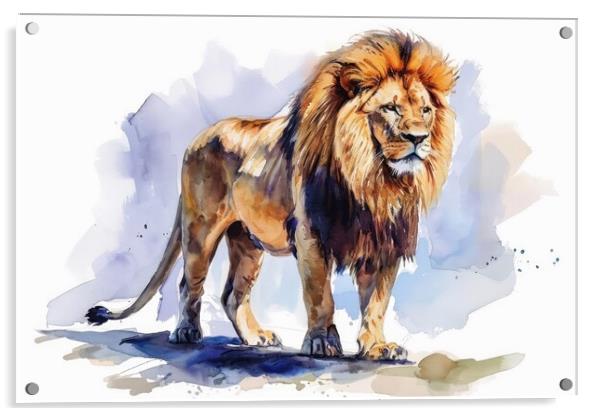 Watercolor of a big impressive lion on white. Acrylic by Michael Piepgras