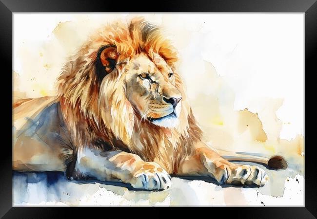Watercolor of a big impressive lion on white. Framed Print by Michael Piepgras