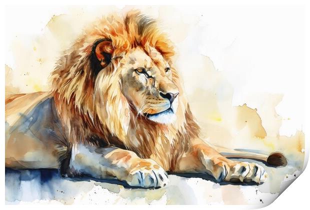 Watercolor of a big impressive lion on white. Print by Michael Piepgras