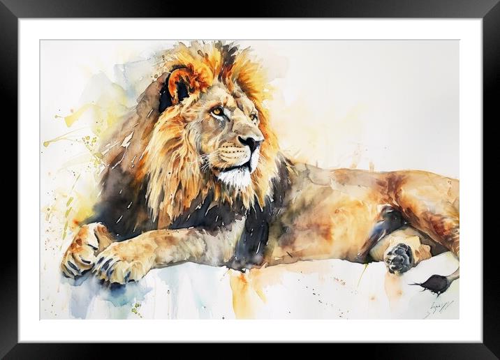 Watercolor of a big impressive lion on white. Framed Mounted Print by Michael Piepgras
