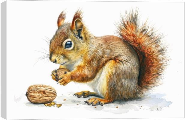 Watercolor of a cut squirrel with a nut on white. Canvas Print by Michael Piepgras
