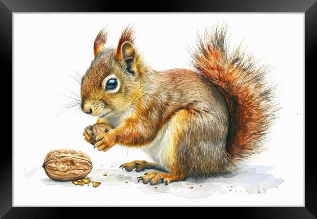 Watercolor of a cut squirrel with a nut on white. Framed Print by Michael Piepgras